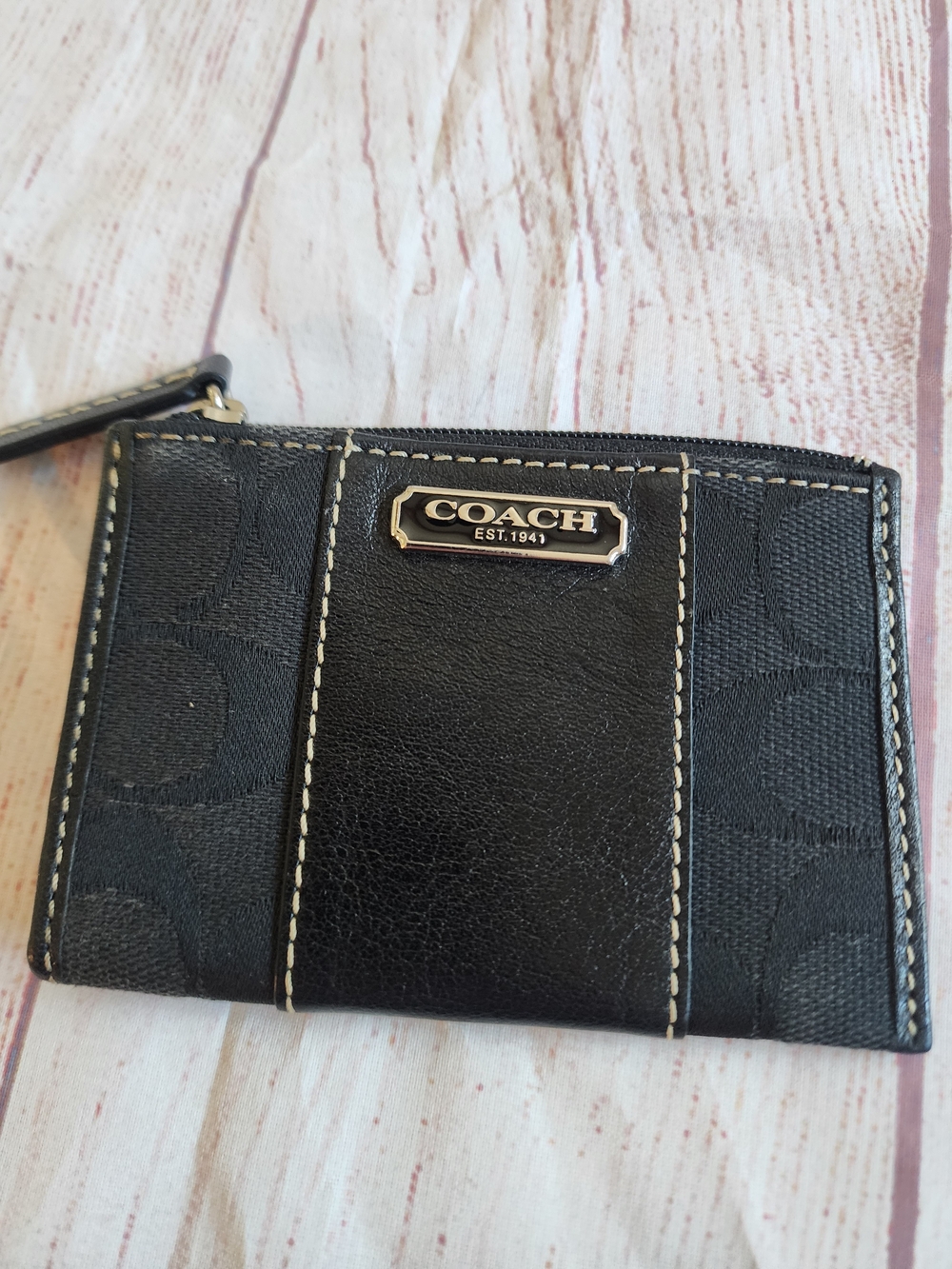 COACH Black Leather Signature Zip Card Case
